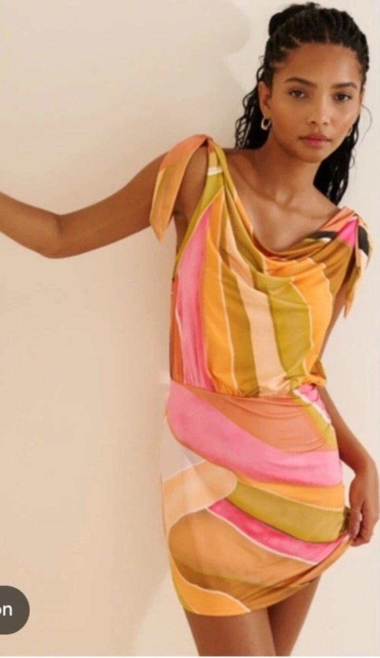 Never Fully Dressed Leila Abstract Mini Dress US Sz 10 Draped Resort Green Pink